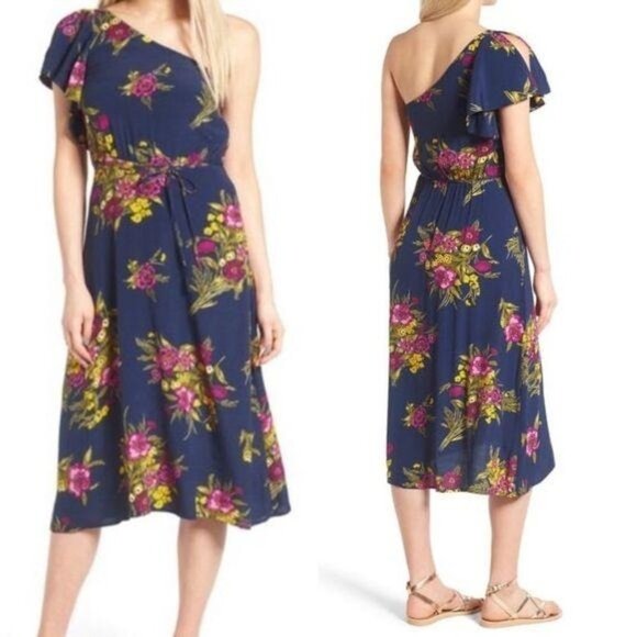 Leith Dresses & Skirts - Leith Blue Floral‎ One Shoulder Midi Dress Women's Medium Asymmetrical Flounce